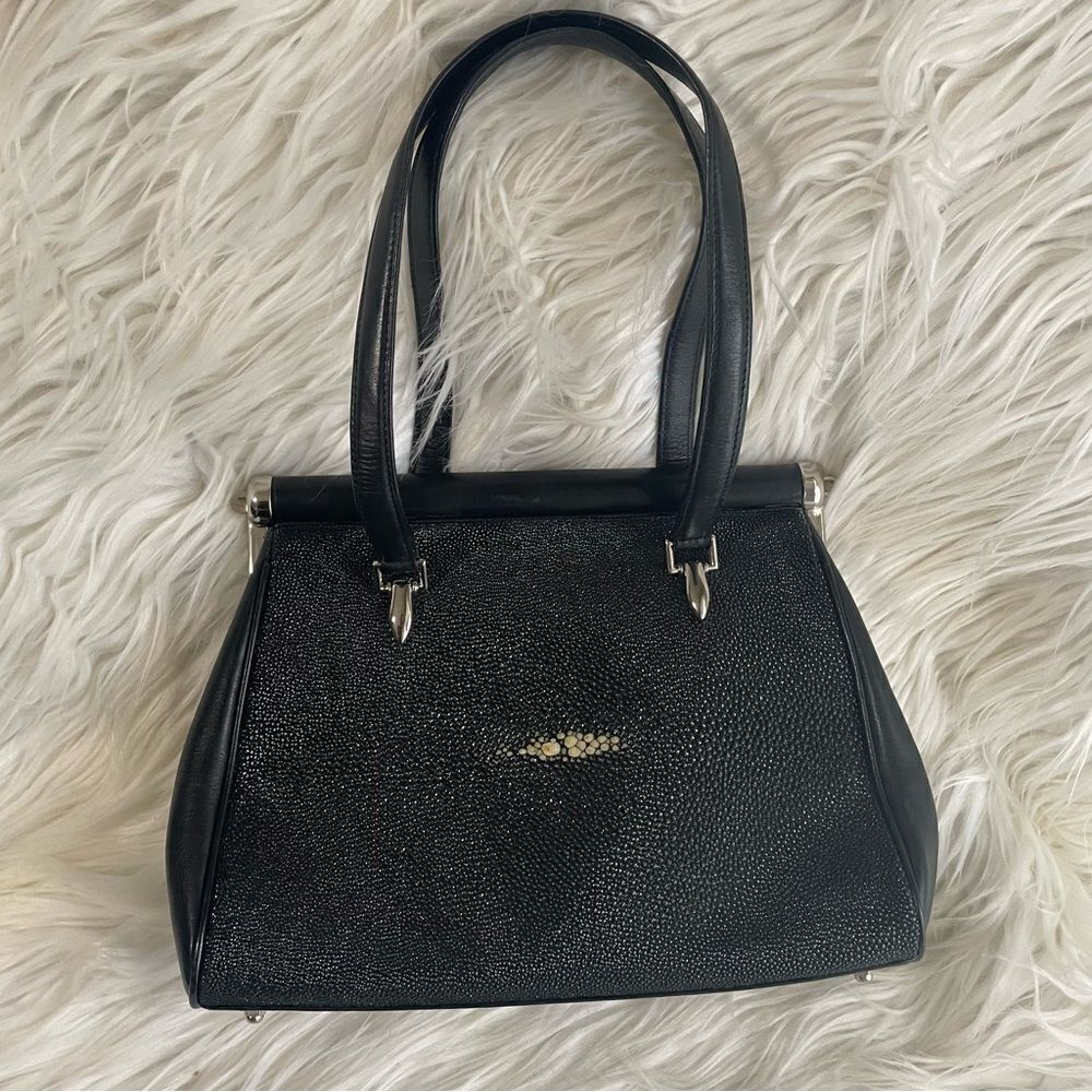 Mystique Collection Genuine Stingray Skin Black Leather‎ Handbag Vintage Exotic